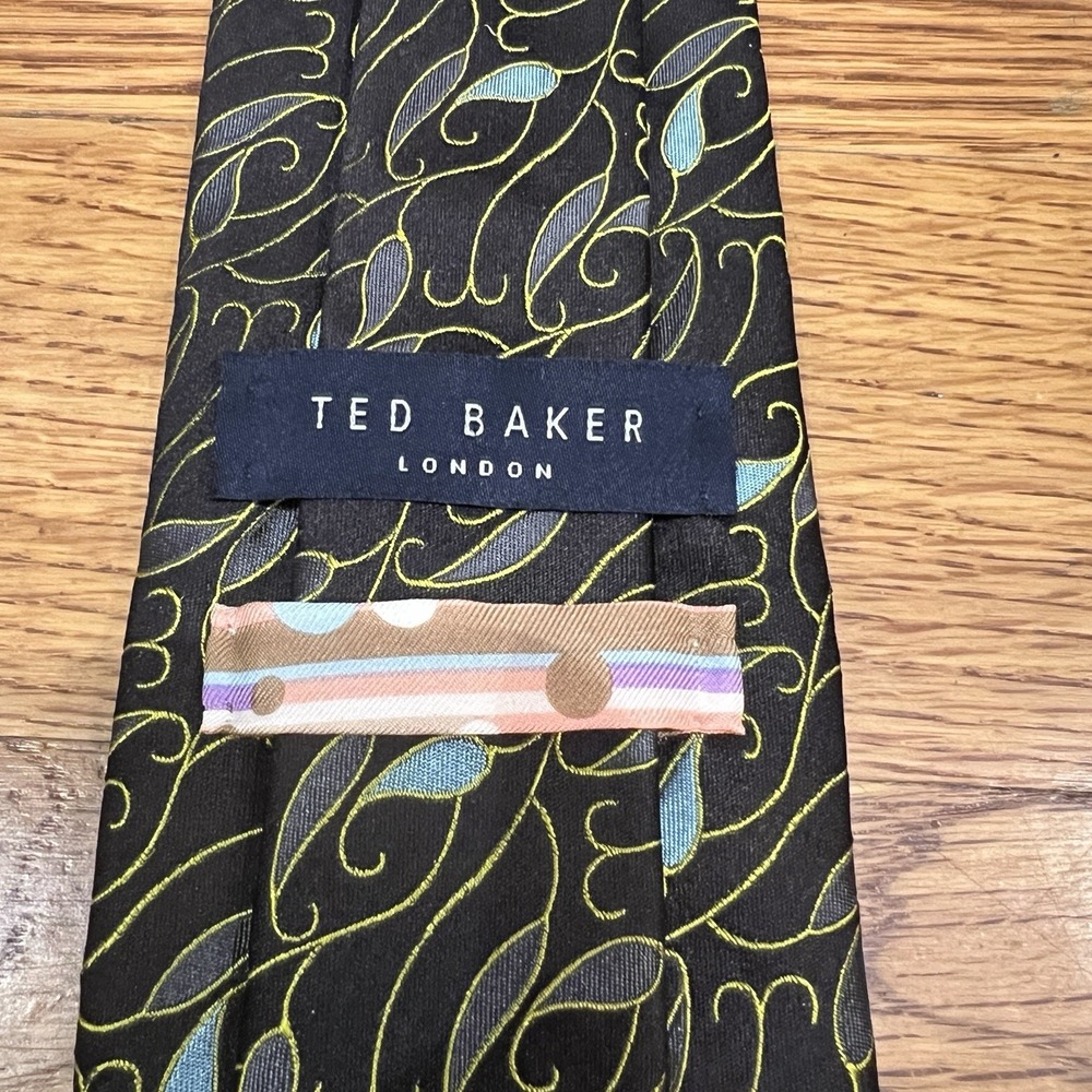 Ted Baker London Mens Silk Tie Black Green Blue Scroll Teardrop Pattern USA Made